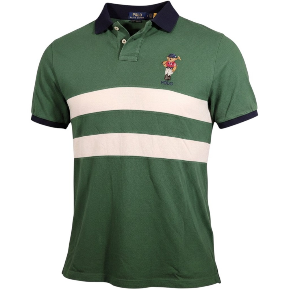Polo Ralph Lauren Green Striped Polo Bear Graphic Shirt Custom Slim Fit Mens L